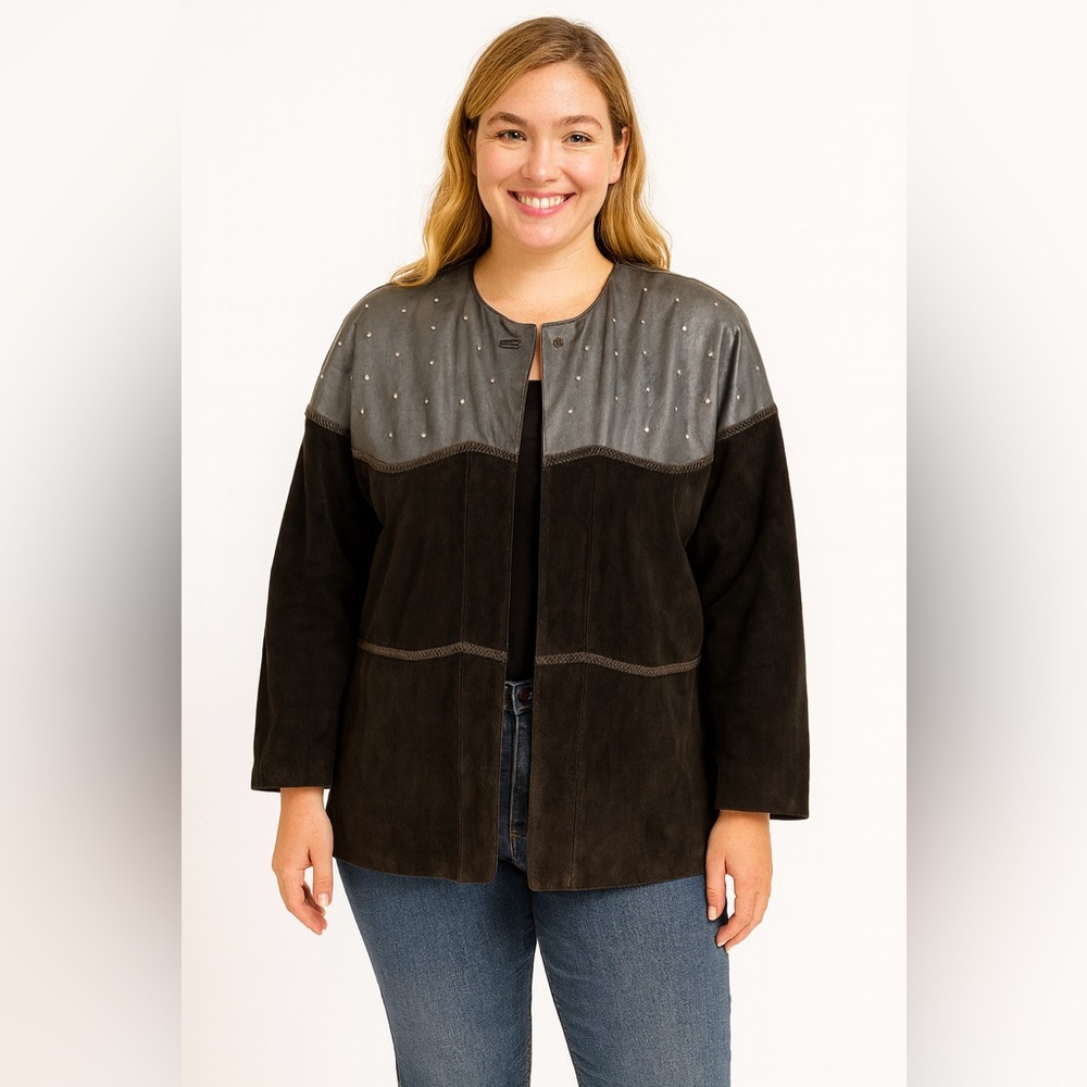 Atlantic Beach Vintage Leather Jacket –Suede Studded 80s retro boxy glam G4